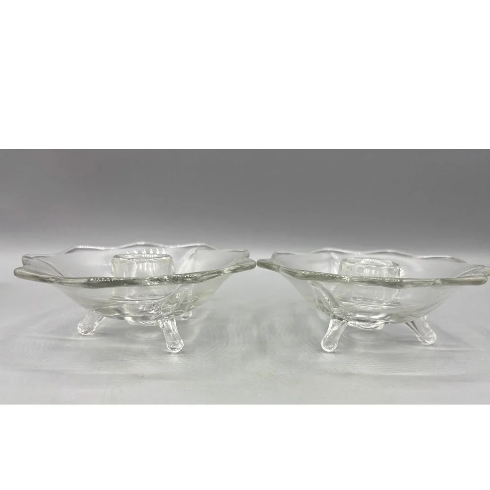 Vintage Clear Pressed Glass Scalloped Taper Candle Holders‎ Tripod Footed Pair